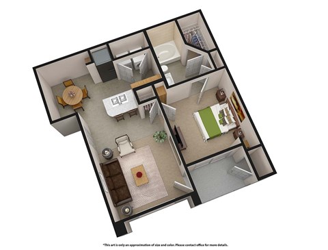 Floor plan for 1 bed, 1 bath, 744 sqft